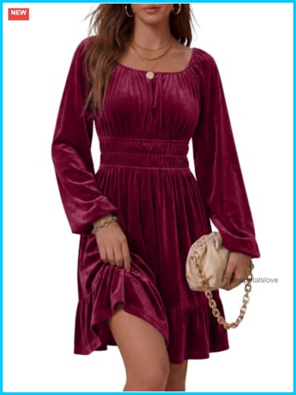 Women Velvet Mini Dress Long Lantern Sleeve Square Neck A-Line Formal